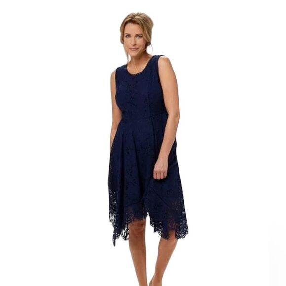 Isaac‎ Mizrahi Navy Blue Floral Lace Handkerchief Hem Midi Dress Sz XXS - Picture 1 of 10